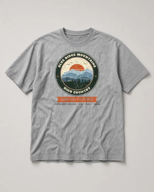 Mockup: Blue Ridge High Country design on a Heather Gray tee.