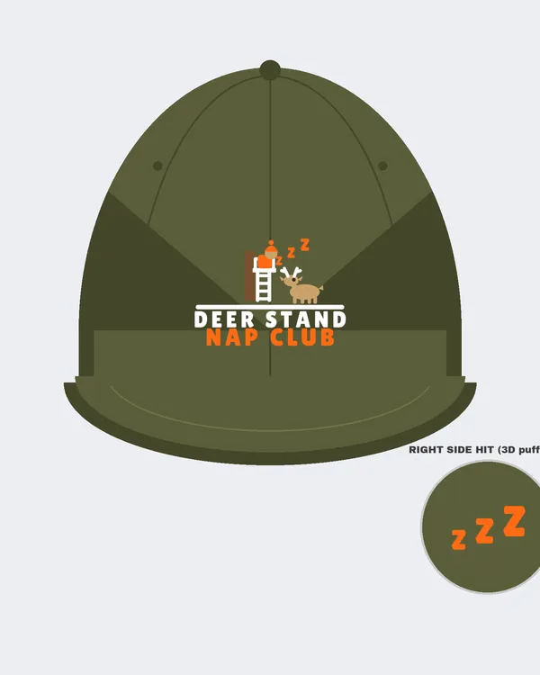 Mockup: Deer Stand Nap Club design on an Olive structured cap.