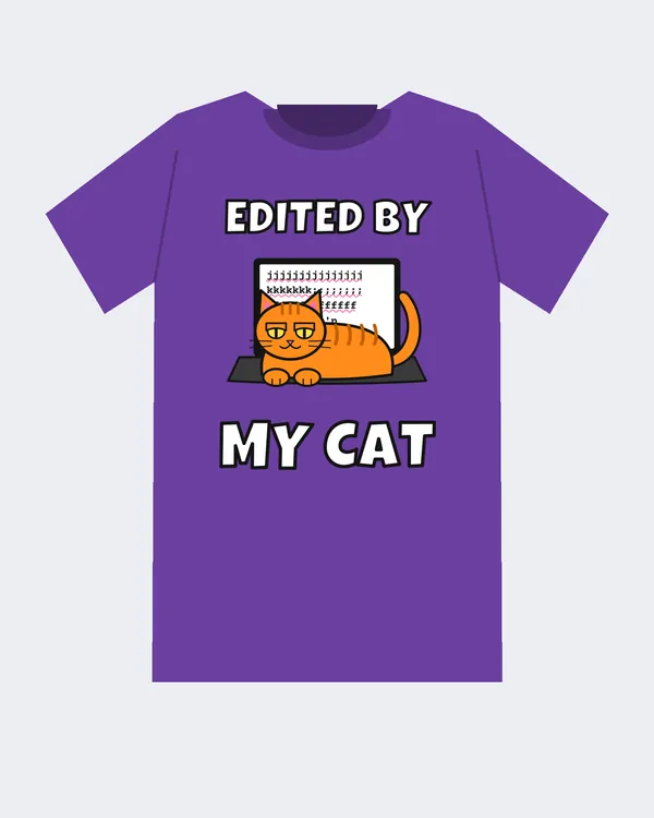 Mockup: Edited By My Cat design on a Purple tee.