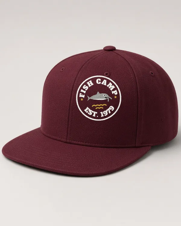 Mockup: Fish Camp, Est. 1979 design on a Maroon structured snapback.