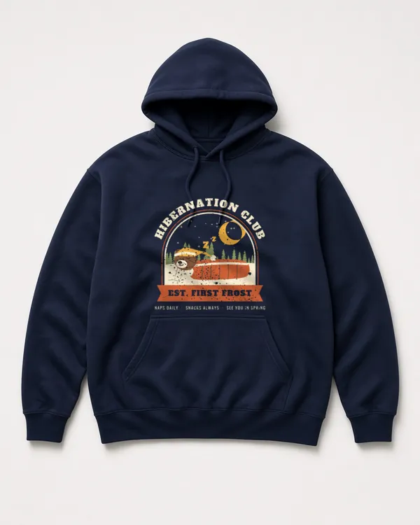 Mockup: Hibernation Club, Est. First Frost design on a Navy hoodie.