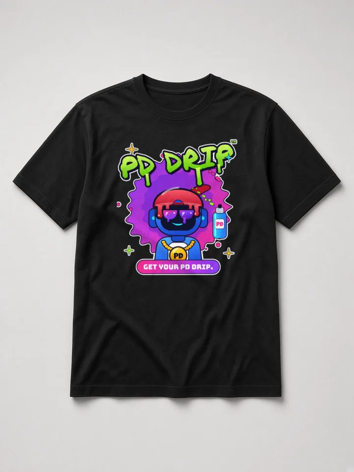 Mockup: Tommy Bot Graffiti on a black heavyweight tee. Tommy Bot in drip shades and a gold PD chain, on a purple-pink spray burst with a lime &rsquo;PD Drip&rsquo; tag and a spray can.