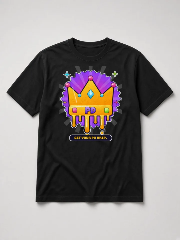 Mockup: Dripping Gold PD Crown on a black heavyweight tee. A molten gold crown with gem studs and a purple PD on the band, dripping gold.