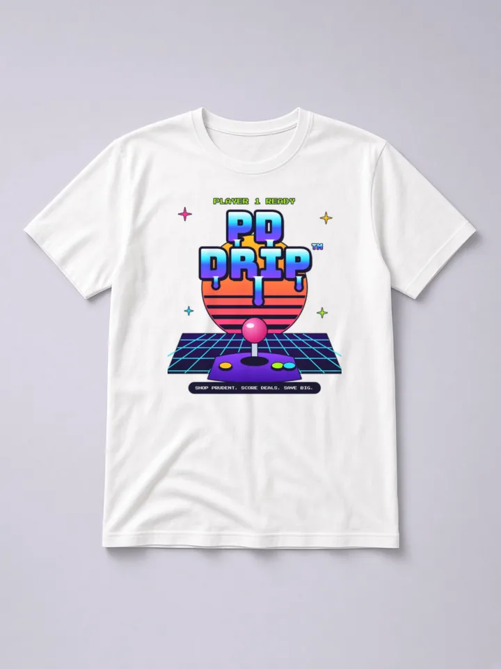 Mockup: PD Drip Arcade on a white heavyweight tee. Chrome &rsquo;PD Drip&rsquo; over a retro sunset, neon grid and an arcade joystick.