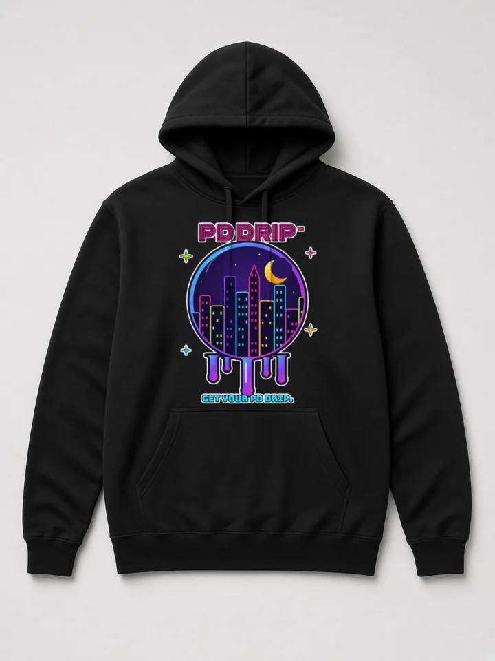 Mockup: Neon City Skyline on a black heavyweight hoodie. A night skyline in neon outlines inside a glowing disc that drips, under a neon &rsquo;PD Drip&rsquo;.