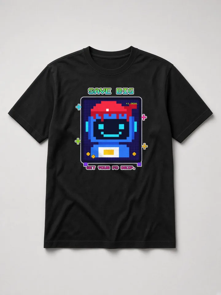 Mockup: Pixel Tommy Bot on a black heavyweight tee. 8-bit Tommy Bot on a pixel screen with pixel cap drips and coins, under a pixel &rsquo;SAVE BIG&rsquo;.