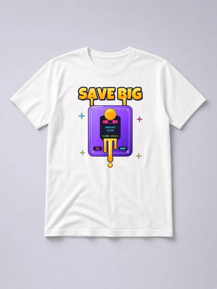 Mockup: Arcade Coin Slot on a white heavyweight tee. A PD coin going into an arcade coin door while gold oozes out of the slot.