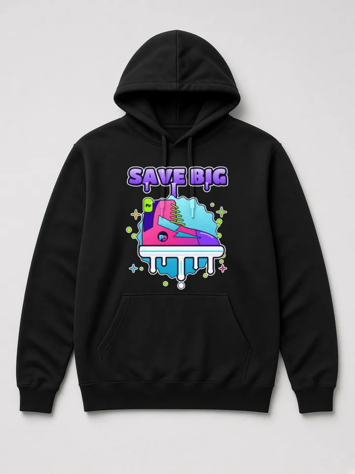 Mockup: Save Big Kicks on a black heavyweight hoodie. An original high-top sneaker with a lightning-drip stripe, dripping paint off the sole.