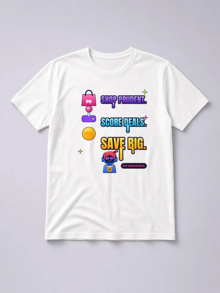 Mockup: Shop Prudent. Score Deals. Save Big. on a white heavyweight tee. The three-line slogan with a bag, joystick and coin icon, plus a mini drip Tommy Bot.