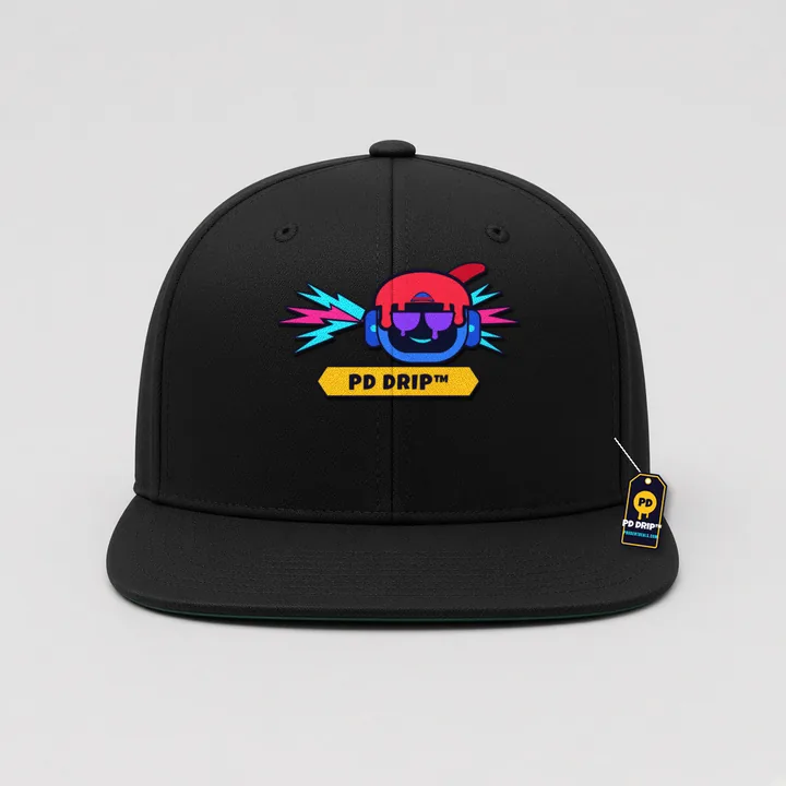 Mockup: Tommy Bot Snapback on a black structured snapback. Embroidered Tommy Bot head with lightning-bolt wings on a gold PD Drip banner.