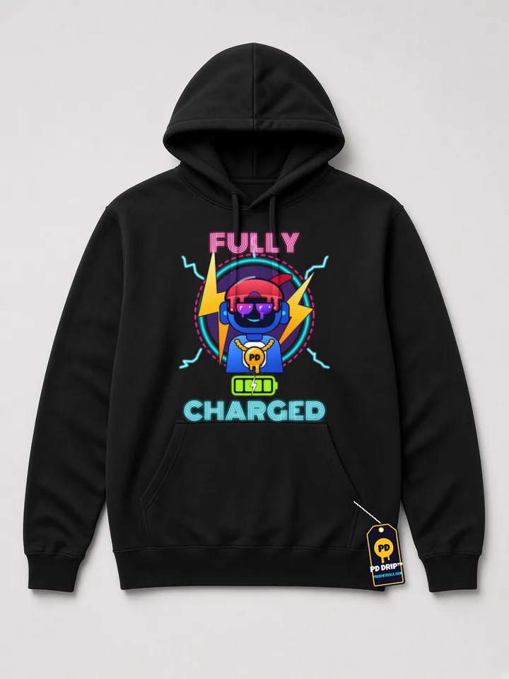 Mockup: Neon Sign Tommy Bot on a black heavyweight hoodie. Tommy Bot as a glowing neon sign, with lightning bolts and a battery icon.