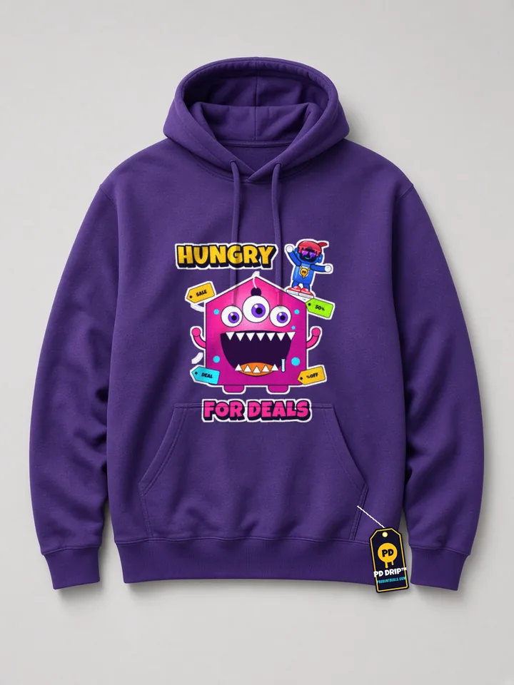 Mockup: Hungry For Deals on a purple heavyweight hoodie. A hungry pink deal monster chomps price tags while Tommy Bot rides along.
