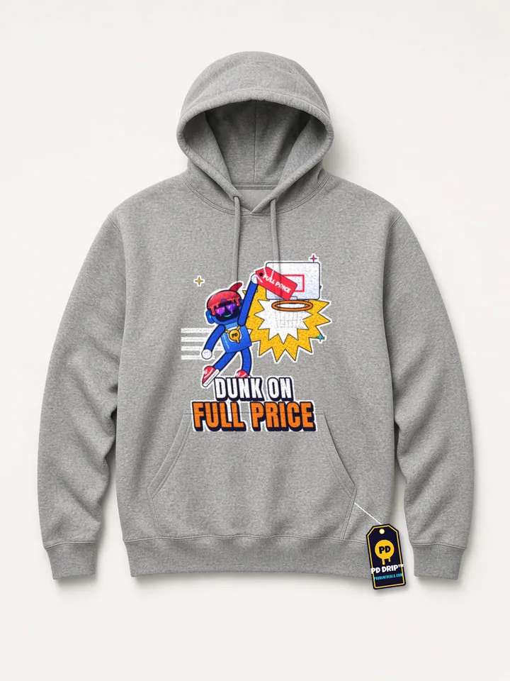 Mockup: Dunk On Full Price on a heather grey heavyweight hoodie. Tommy Bot slams a full-price tag through the hoop.