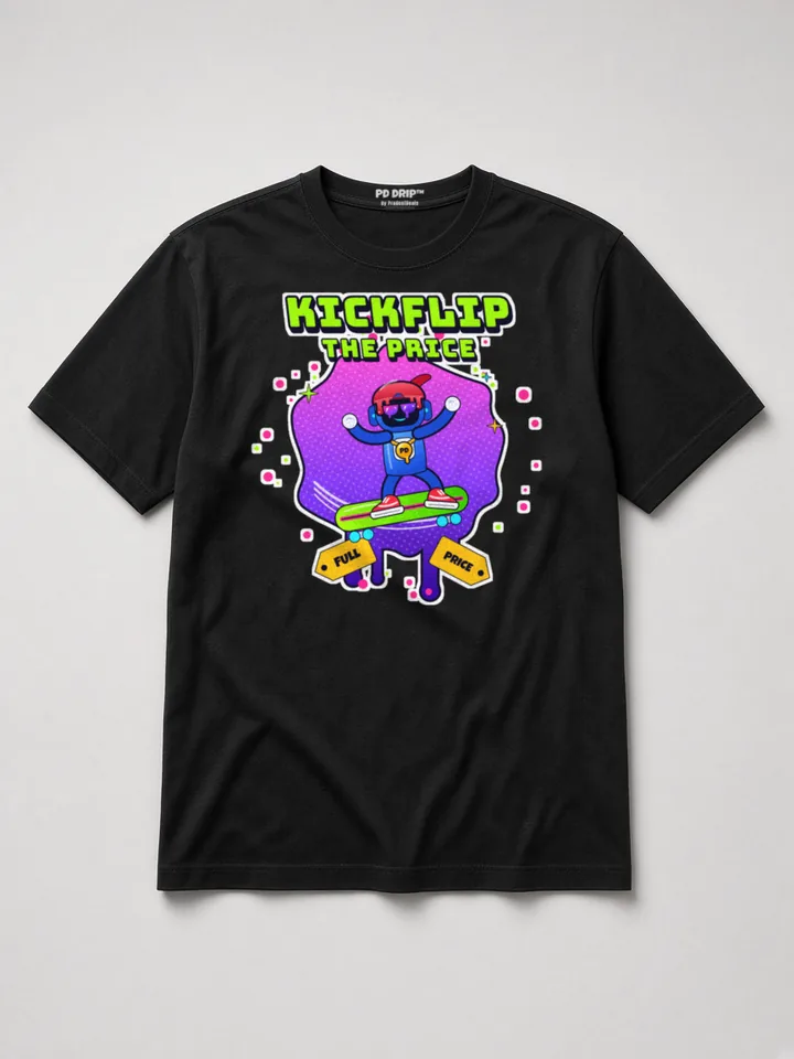 Mockup: Skateboard Tommy Bot on a black heavyweight tee. Tommy Bot skates over a spray-paint splat and snaps a full-price tag in two.