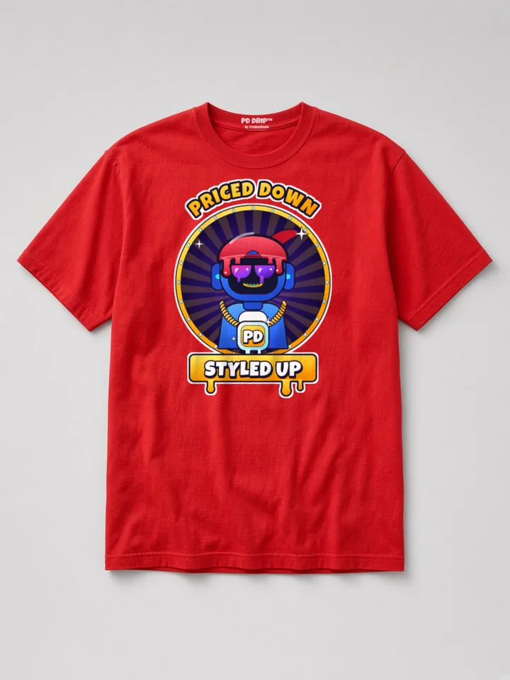 Mockup: Priced Down, Styled Up on a red heavyweight tee. Tommy Bot in shades and a gold PD chain inside a gold sunburst badge.
