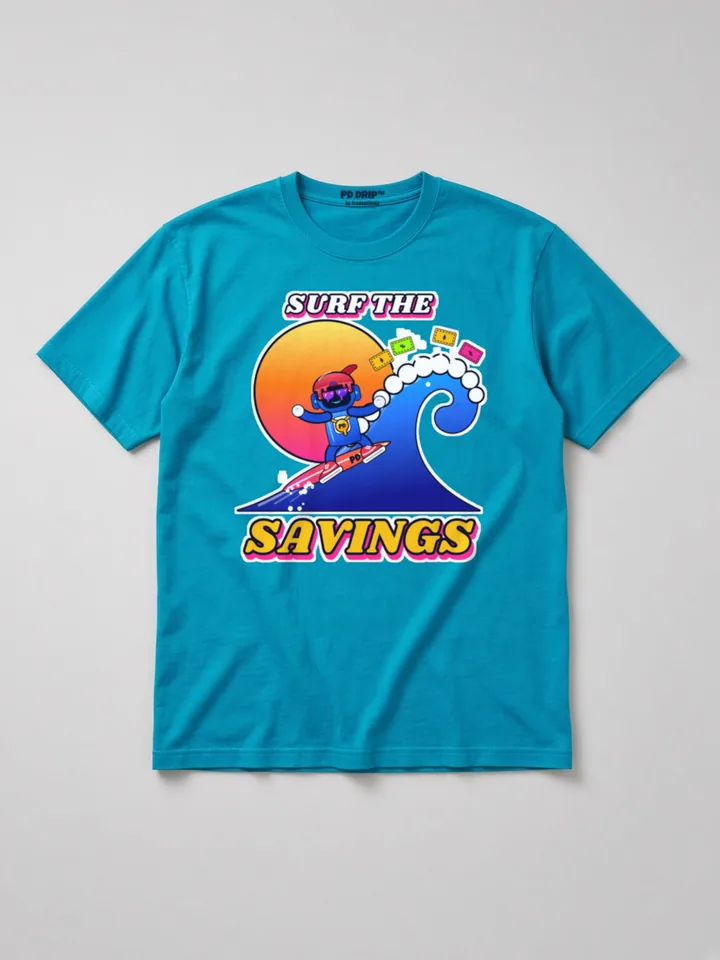 Mockup: Surf the Savings on a royal caribe (teal) heavyweight tee. Tommy Bot rides a big wave past a sunset, with price tags flying.