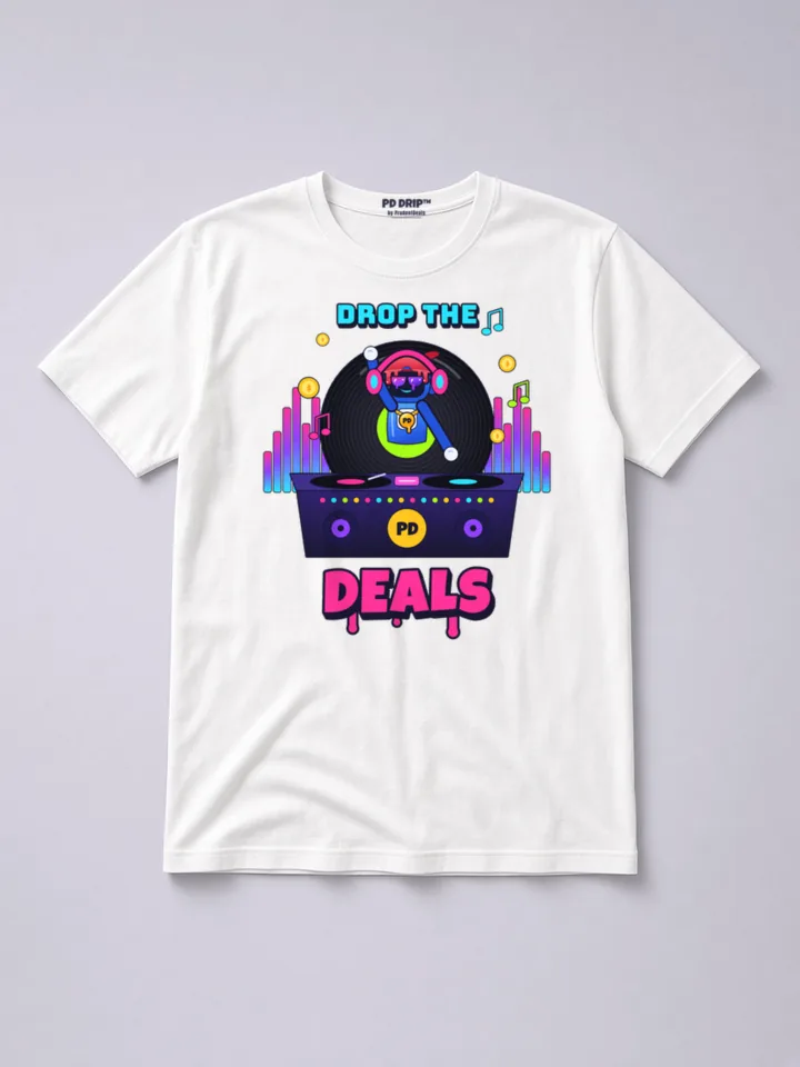 Mockup: DJ Tommy Bot on a white heavyweight tee. Tommy Bot spins records behind a neon DJ booth.
