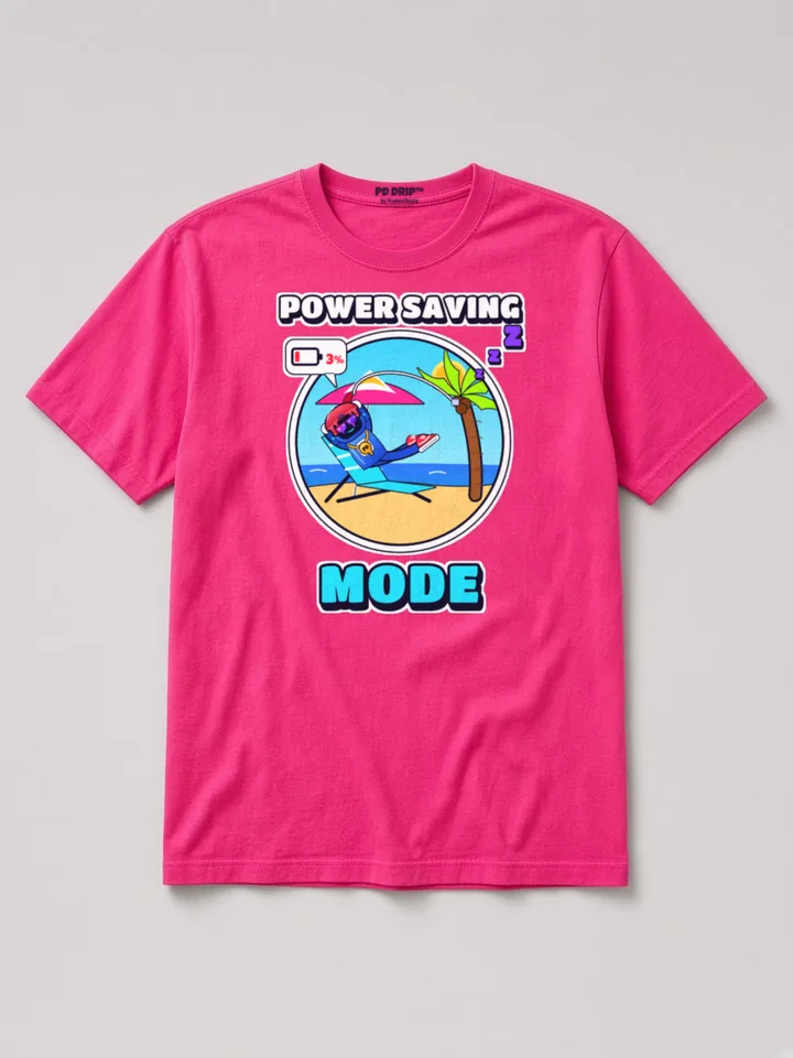 Mockup: Tommy Bot Beach Nap on a neon pink heavyweight tee. Tommy Bot naps in a beach chair under a palm tree, battery at 3%.