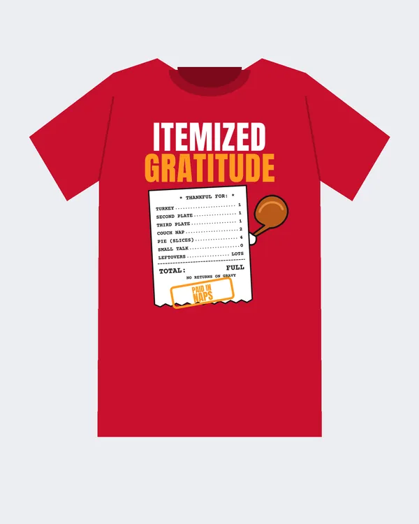 Mockup: Itemized Gratitude design on a Red tee.