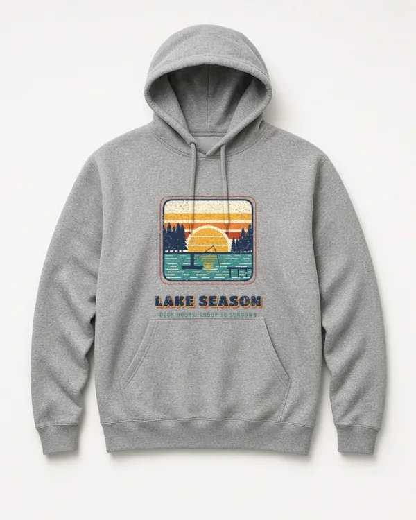 Mockup: Lake Season design on a Heather Gray hoodie.