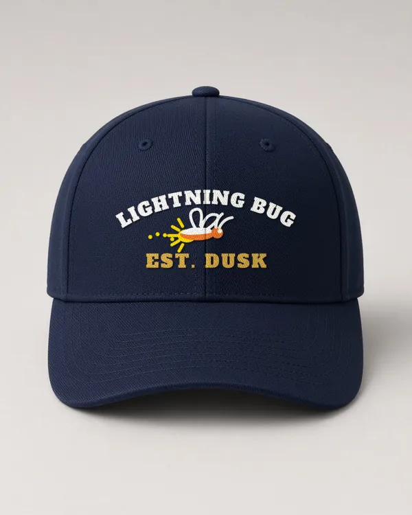 Mockup: Lightning Bug, Est. Dusk design on a Dark Navy structured cap.