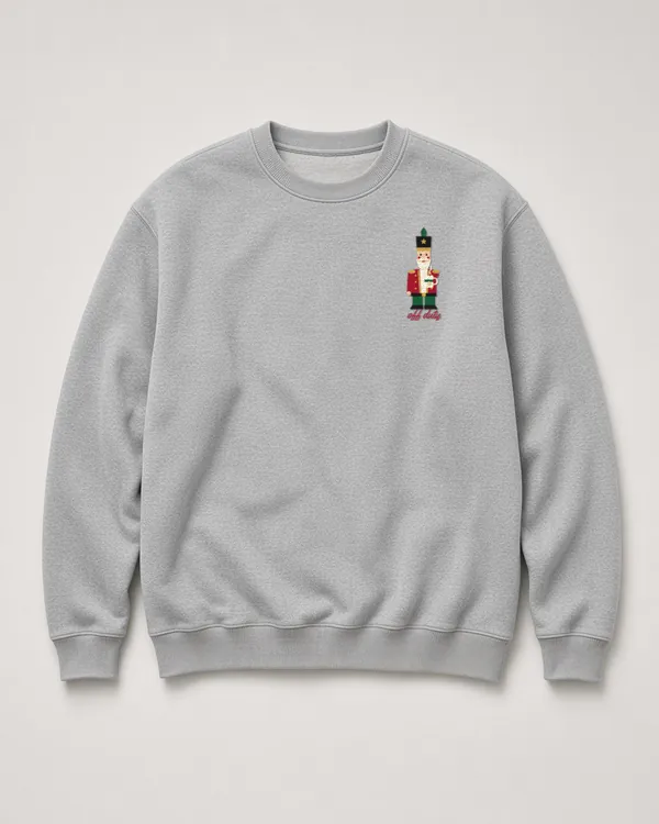 Mockup: Off-Duty Nutcracker design on a Heather Grey crewneck.