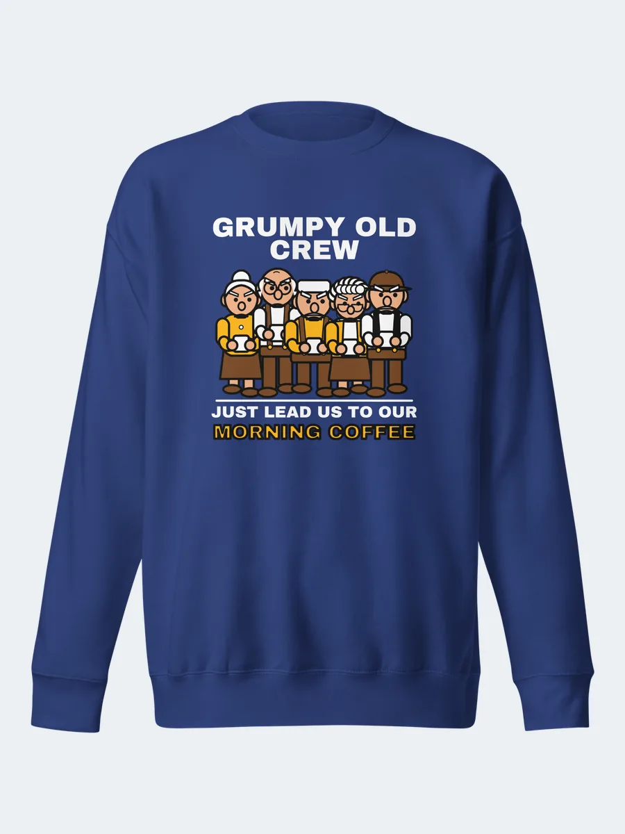 GRUMPY OLD CREW™ Coffee Crewneck in Team Royal: Printful product mockup made from our artwork (a digital preview, not a photo)