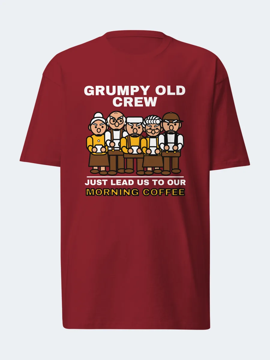 GRUMPY OLD CREW™ Coffee Tee in Brick Red: Printful product mockup made from our artwork (a digital preview, not a photo)