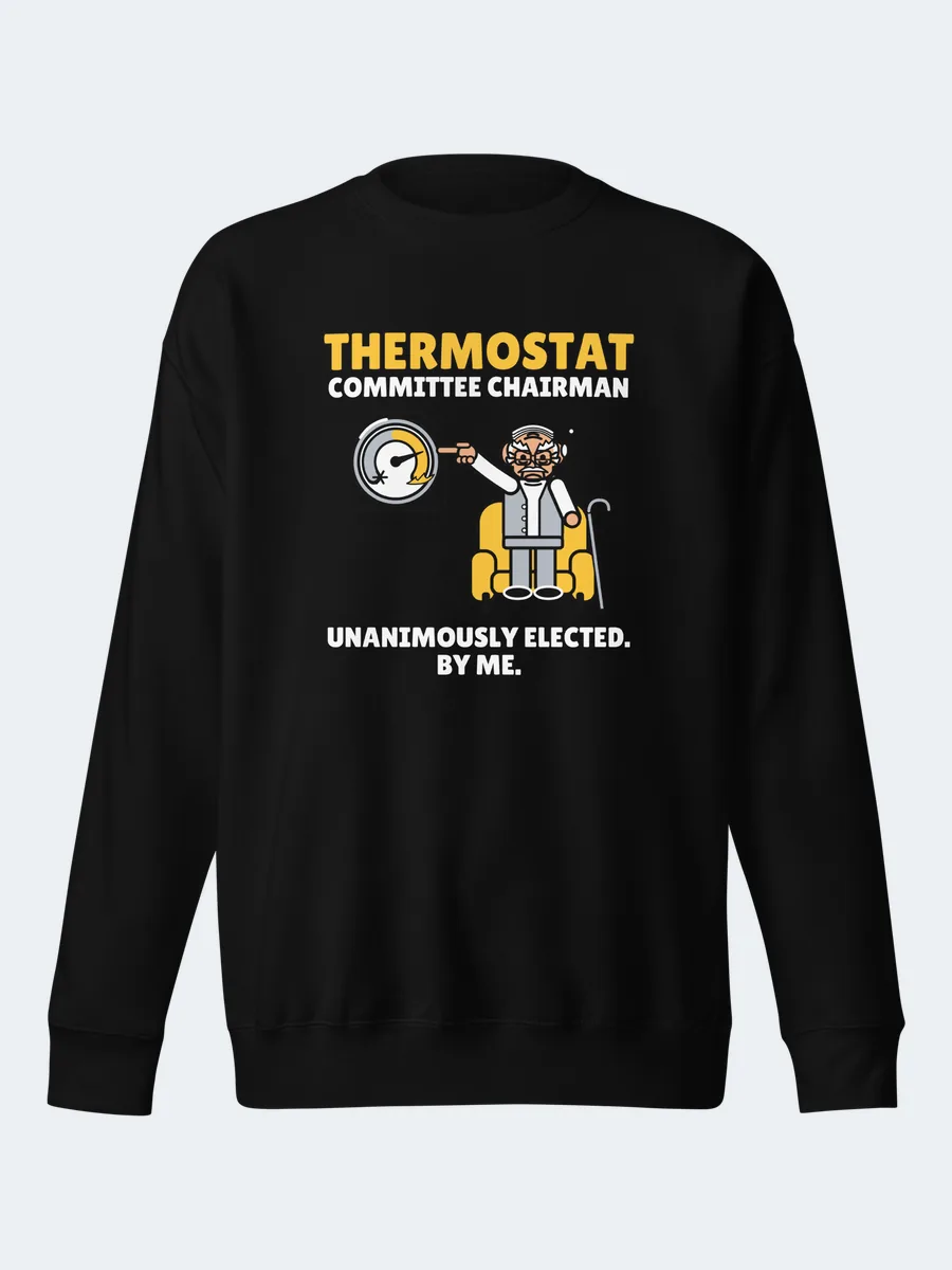 GRUMPY OLD CREW™ Thermostat Committee Chairman Crewneck in Black: Printful product mockup made from our artwork (a digital preview, not a photo)
