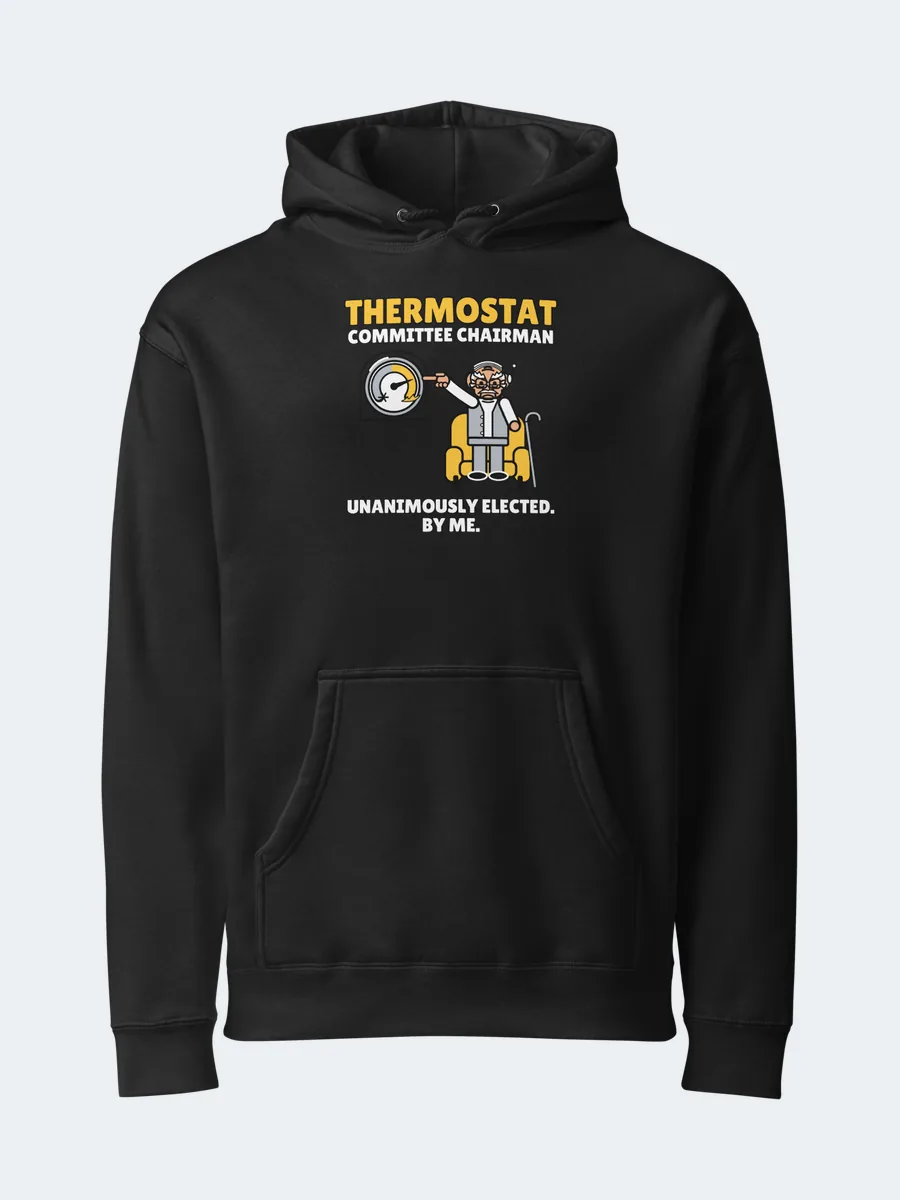 GRUMPY OLD CREW™ Thermostat Committee Chairman Hoodie in Black: Printful product mockup made from our artwork (a digital preview, not a photo)