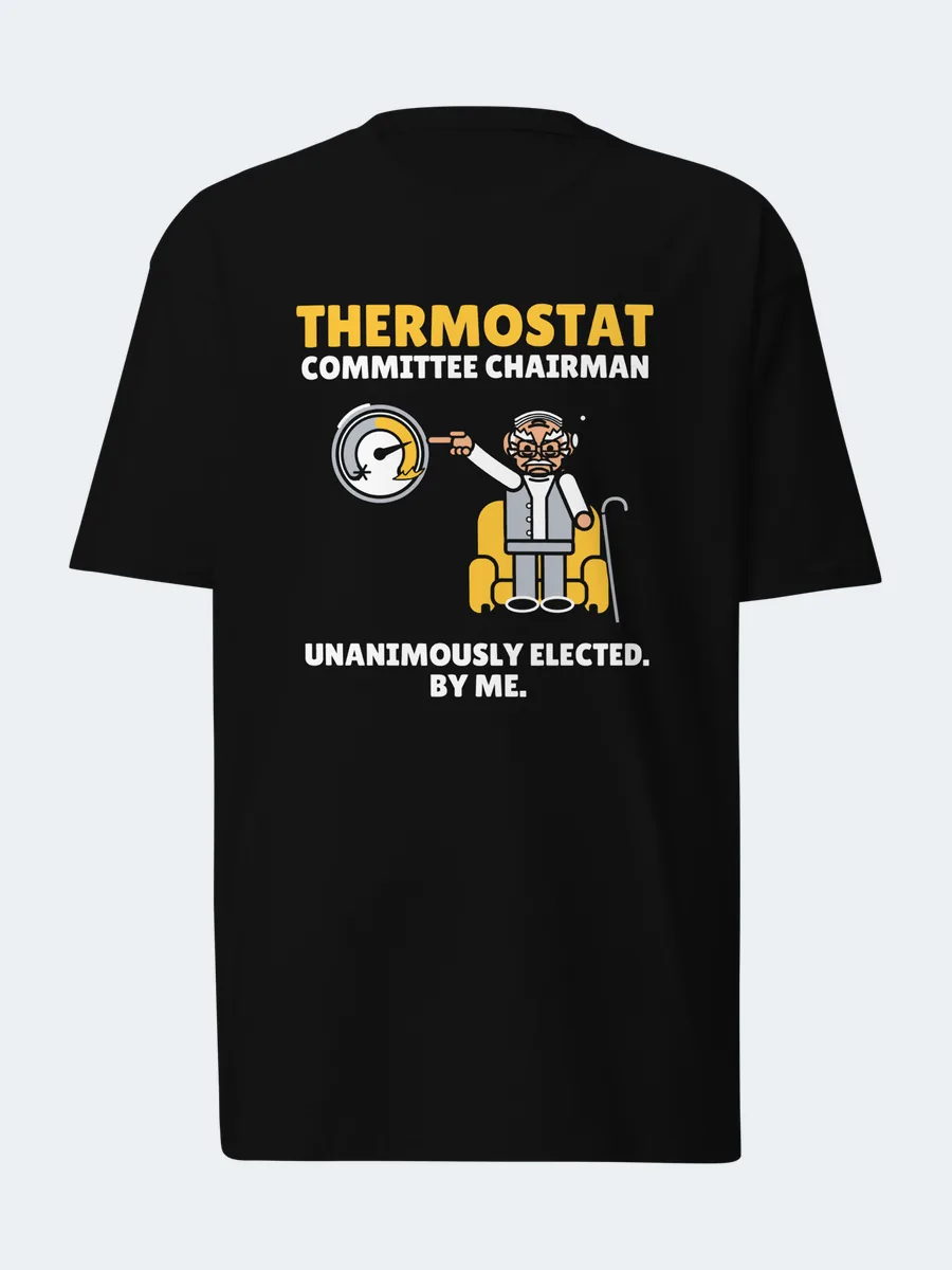 GRUMPY OLD CREW™ Thermostat Committee Chairman Tee in Black: Printful product mockup made from our artwork (a digital preview, not a photo)