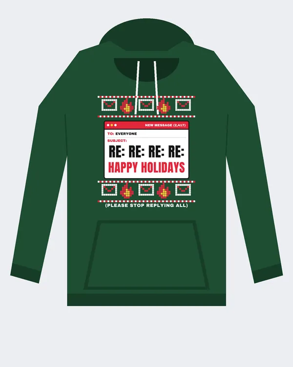 Mockup: RE: RE: RE: RE: Happy Holidays design on a Forest Green hoodie.