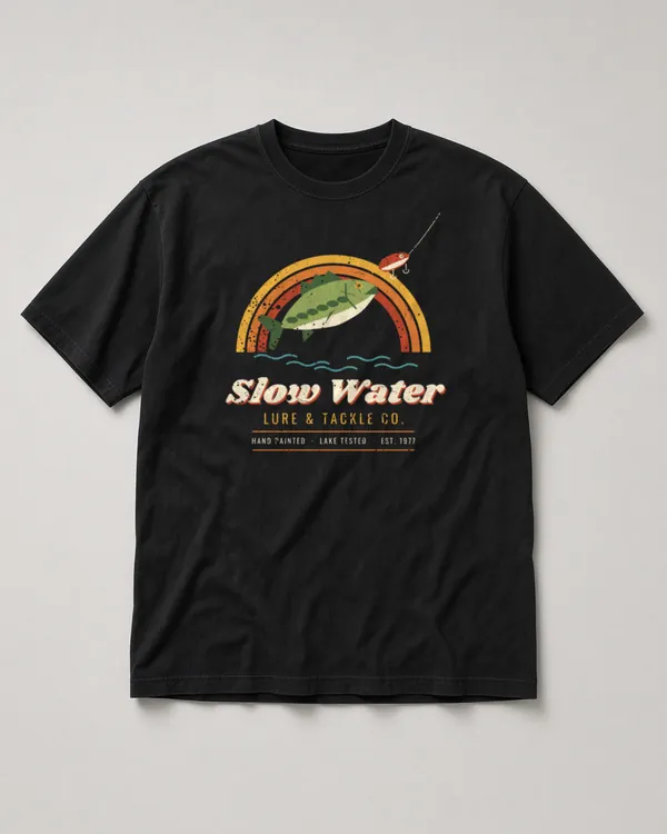 Mockup: Slow Water Fishing Club design on a Black tee.