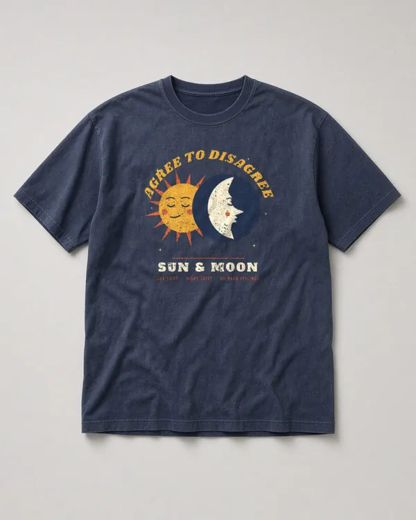 Mockup: Sun & Moon: Agree to Disagree design on a Navy tee.