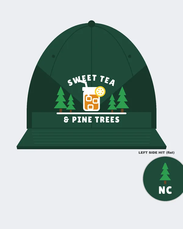 Mockup: Sweet Tea & Pine Trees design on a Spruce structured snapback.