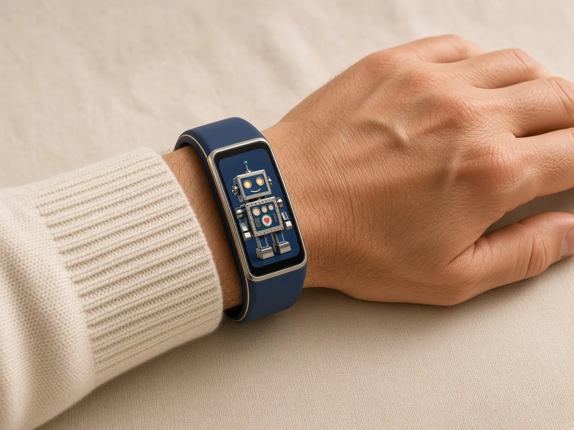 Concept art: BestPal in navy on a wrist, showing the original Tommy Bot on its screen.