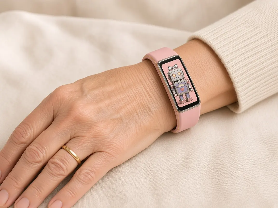 Concept art: BestPal in rose pink on a wrist, showing a Tommy Bot with a bow on its screen.